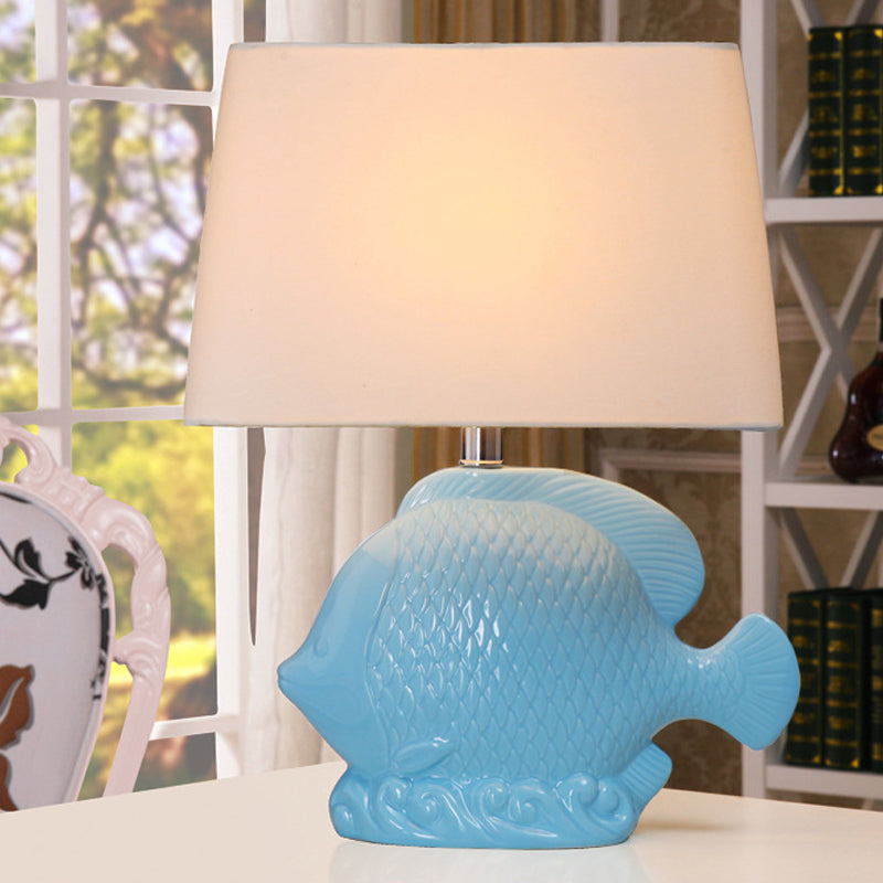 Ceramic Blue Table Lighting Tropical Fish Single-Bulb Rural Night Stand Light with Rectangle Fabric Lampshade Blue Clearhalo 'Lamps' 'Table Lamps' Lighting' 1136434