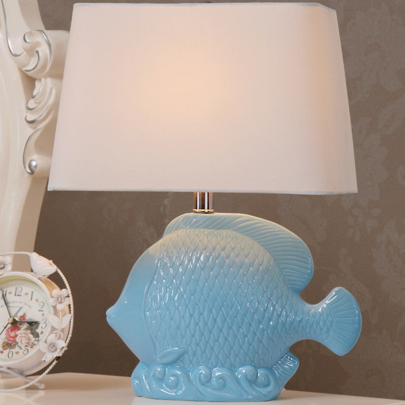 Ceramic Blue Table Lighting Tropical Fish Single-Bulb Rural Night Stand Light with Rectangle Fabric Lampshade Clearhalo 'Lamps' 'Table Lamps' Lighting' 1136435