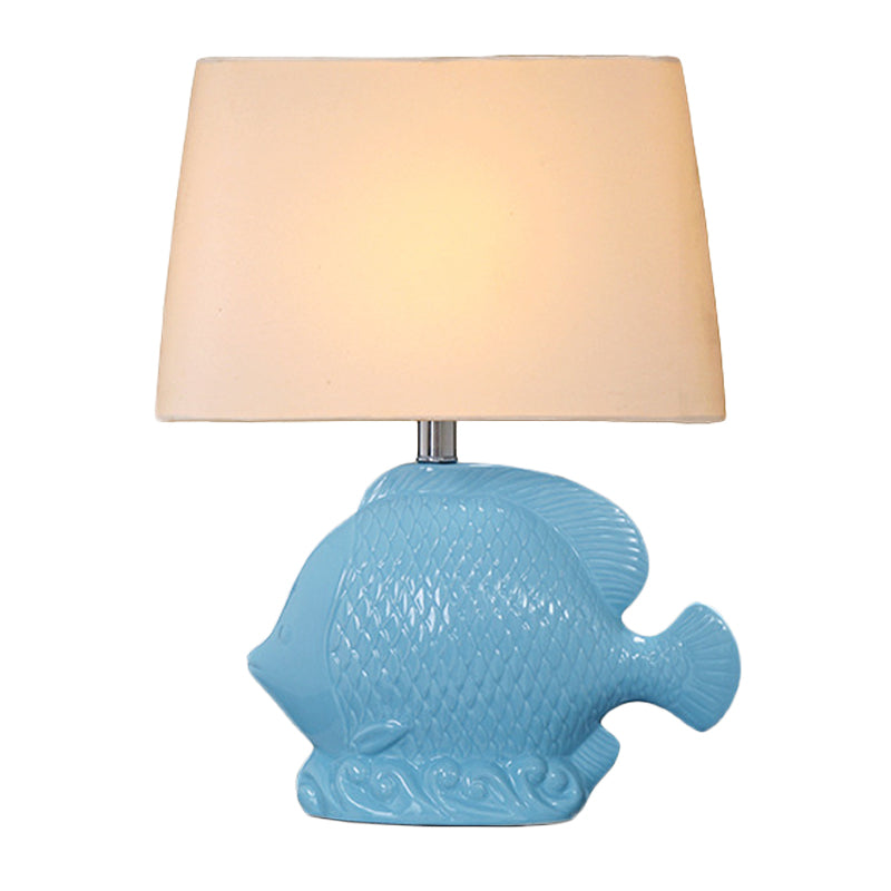 Ceramic Blue Table Lighting Tropical Fish Single-Bulb Rural Night Stand Light with Rectangle Fabric Lampshade Clearhalo 'Lamps' 'Table Lamps' Lighting' 1136436