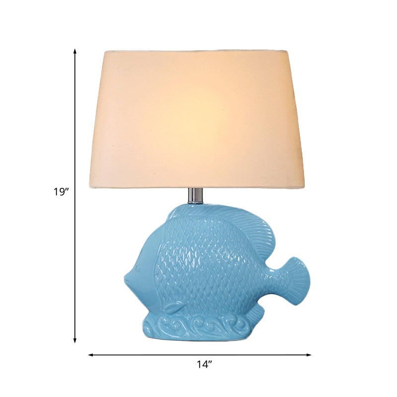Ceramic Blue Table Lighting Tropical Fish Single-Bulb Rural Night Stand Light with Rectangle Fabric Lampshade Clearhalo 'Lamps' 'Table Lamps' Lighting' 1136437