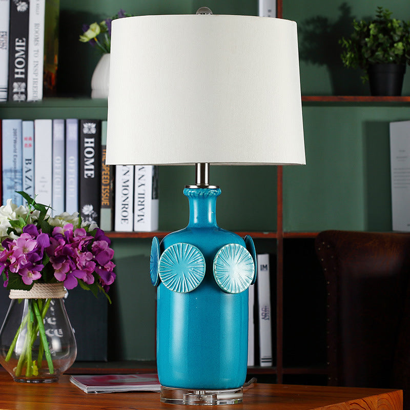 Country Style Jug Nightstand Lamp 1-Light Ceramic Table Lighting in Blue with Drum Fabric Lamp Shade Blue Clearhalo 'Lamps' 'Table Lamps' Lighting' 1136446