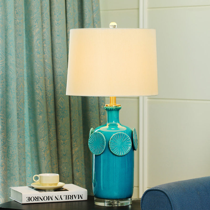 Country Style Jug Nightstand Lamp 1-Light Ceramic Table Lighting in Blue with Drum Fabric Lamp Shade Clearhalo 'Lamps' 'Table Lamps' Lighting' 1136447