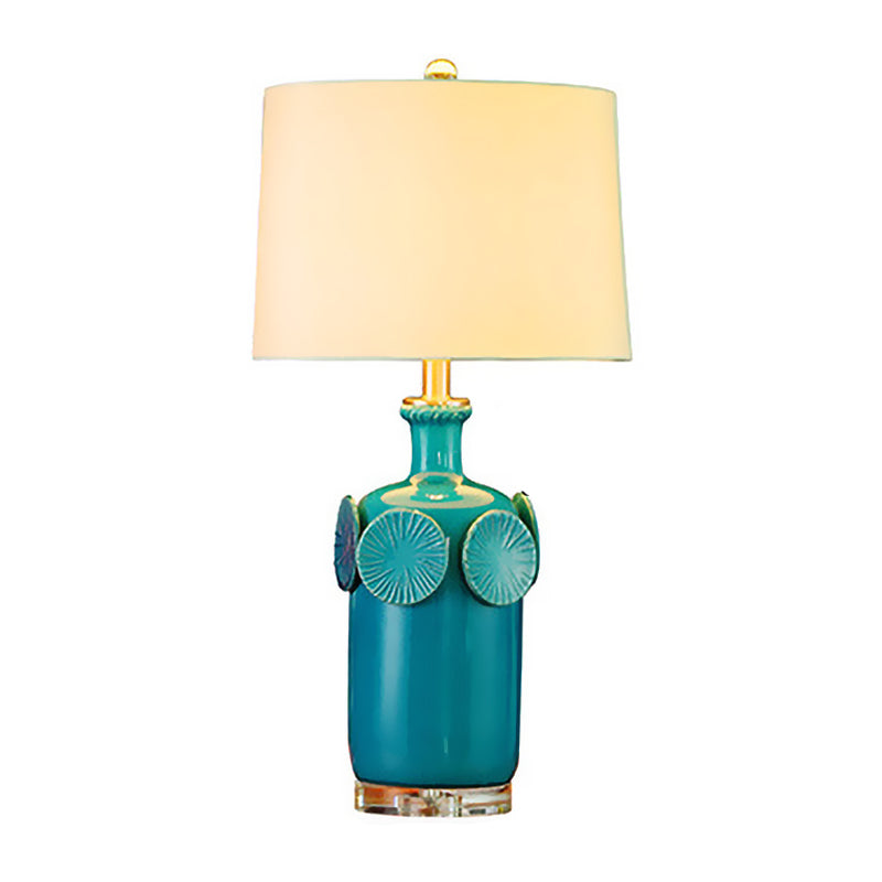 Country Style Jug Nightstand Lamp 1-Light Ceramic Table Lighting in Blue with Drum Fabric Lamp Shade Clearhalo 'Lamps' 'Table Lamps' Lighting' 1136448