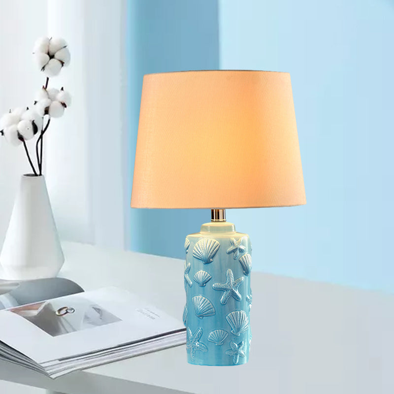 Blue 1 Head Night Lamp Rural Fabric Tapered Shade Table Stand Light with Shell and Starfish Details Blue Clearhalo 'Lamps' 'Table Lamps' Lighting' 1136450