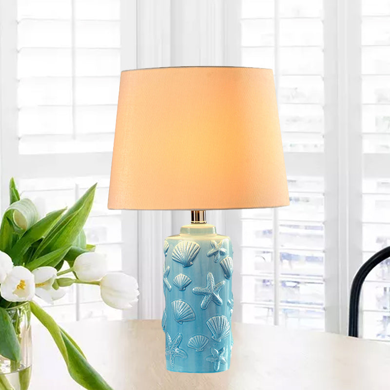 Blue 1 Head Night Lamp Rural Fabric Tapered Shade Table Stand Light with Shell and Starfish Details Clearhalo 'Lamps' 'Table Lamps' Lighting' 1136451