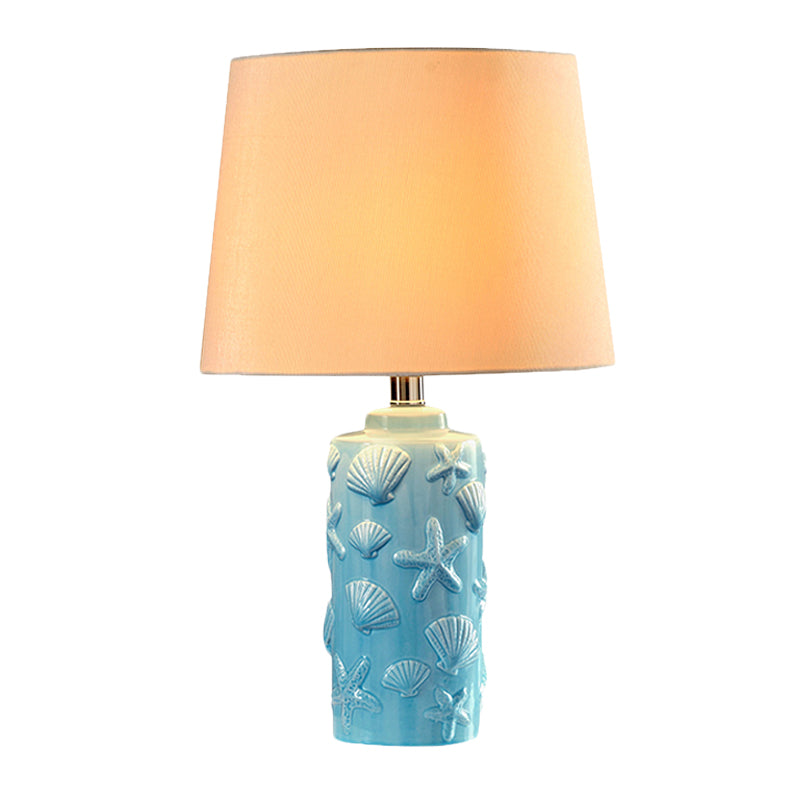 Blue 1 Head Night Lamp Rural Fabric Tapered Shade Table Stand Light with Shell and Starfish Details Clearhalo 'Lamps' 'Table Lamps' Lighting' 1136452