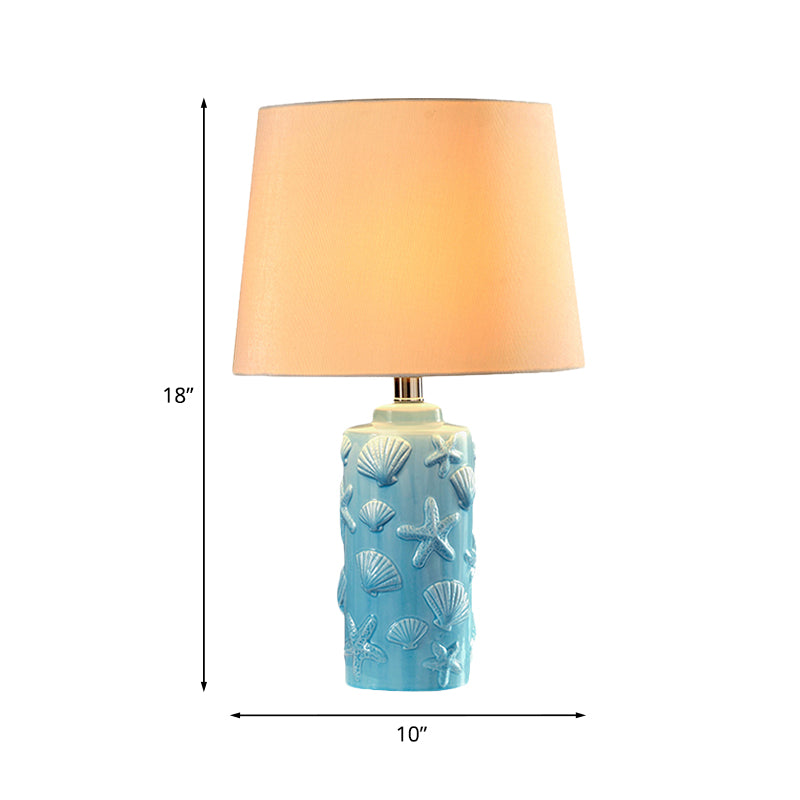 Blue 1 Head Night Lamp Rural Fabric Tapered Shade Table Stand Light with Shell and Starfish Details Clearhalo 'Lamps' 'Table Lamps' Lighting' 1136453