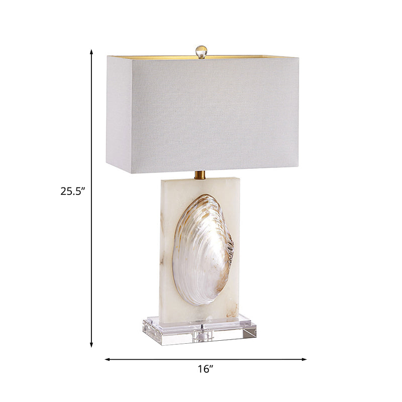 Rectangle Living Room Table Light French Country Fabric 1 Bulb White Nightstand Lamp with Shell Decoration Clearhalo 'Lamps' 'Table Lamps' Lighting' 1136460