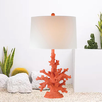 Resin Green/Red Table Lighting Coral 1 Bulb Countryside Night Stand Lamp with Drum Fabric Shade Red Clearhalo 'Lamps' 'Table Lamps' Lighting' 1136472