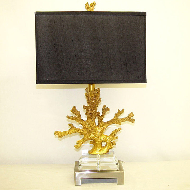 Cuboid Bedside Night Table Lamp Traditional Fabric 1-Light Black/White Night Light with Coral Pedestal Clearhalo 'Lamps' 'Table Lamps' Lighting' 1136488