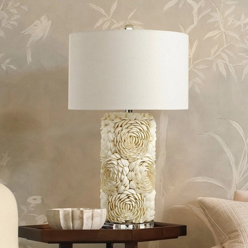 1 Bulb Floral Pillar Table Light Minimalistic White Shell Night Lamp with Drum Fabric Lamp Shade White Clearhalo 'Lamps' 'Table Lamps' Lighting' 1136502