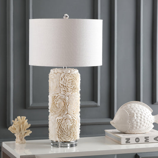 1 Bulb Floral Pillar Table Light Minimalistic White Shell Night Lamp with Drum Fabric Lamp Shade Clearhalo 'Lamps' 'Table Lamps' Lighting' 1136503