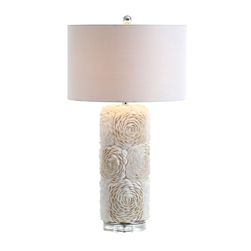 1 Bulb Floral Pillar Table Light Minimalistic White Shell Night Lamp with Drum Fabric Lamp Shade Clearhalo 'Lamps' 'Table Lamps' Lighting' 1136504