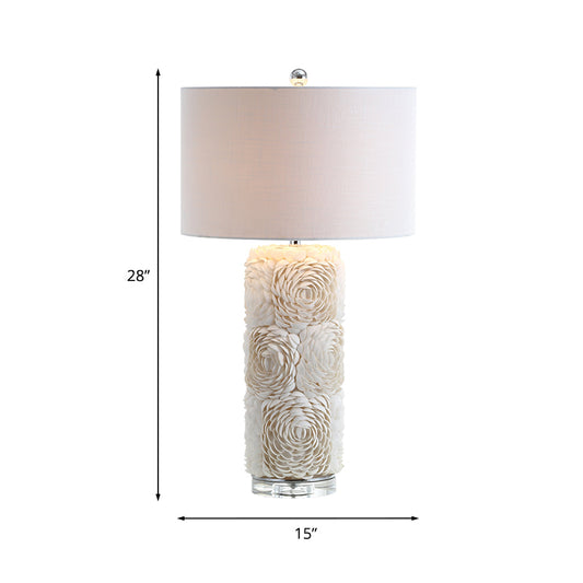 1 Bulb Floral Pillar Table Light Minimalistic White Shell Night Lamp with Drum Fabric Lamp Shade Clearhalo 'Lamps' 'Table Lamps' Lighting' 1136505