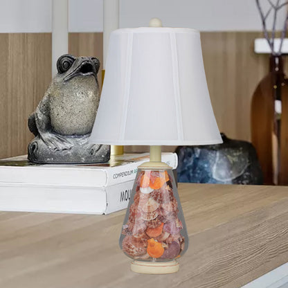 White Flared Shade Night Light Countryside Fabric 1 Bulb 12"/16" Wide Bedside Table Lamp with Decorative Shell White 12" Clearhalo 'Lamps' 'Table Lamps' Lighting' 1136567