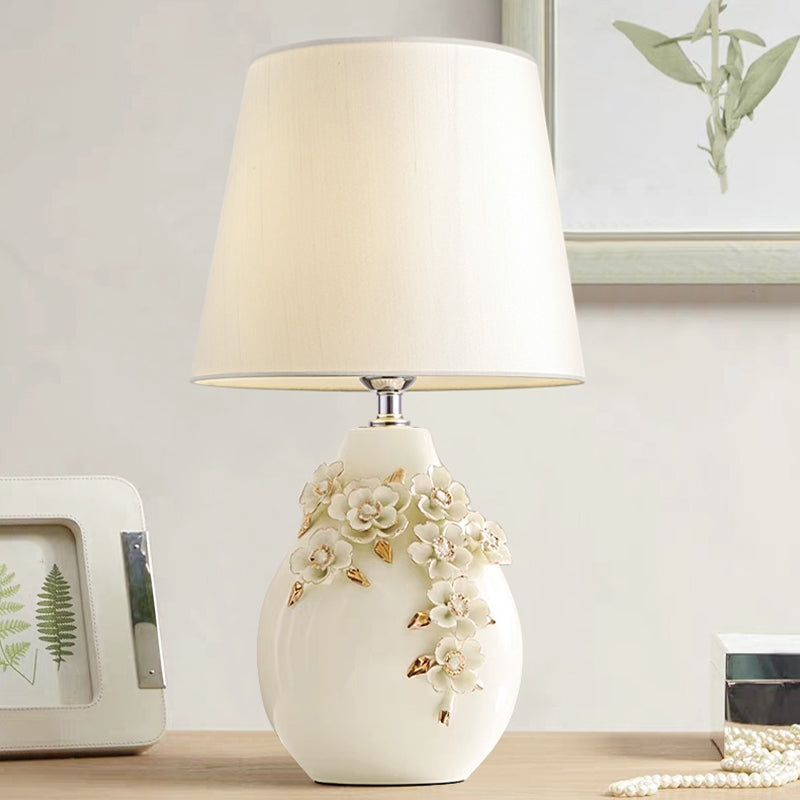 Ceramic White Table Lamp Magnolia-Embellished Vase Single Traditional Night Light with Shade, 18"/19.5" Wide Beige Clearhalo 'Lamps' 'Table Lamps' Lighting' 1136580