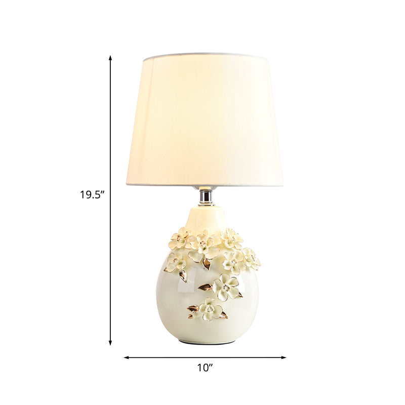 Ceramic White Table Lamp Magnolia-Embellished Vase Single Traditional Night Light with Shade, 18"/19.5" Wide Clearhalo 'Lamps' 'Table Lamps' Lighting' 1136584