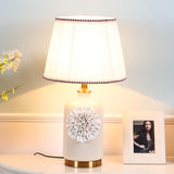 Modern Truncated Cone Shade Table Light 1 Head Pleated Fabric Nightstand Lamp with Flower Decor in White Clearhalo 'Lamps' 'Table Lamps' Lighting' 1136589