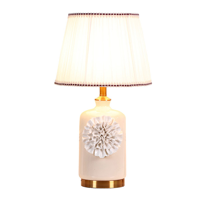 Modern Truncated Cone Shade Table Light 1 Head Pleated Fabric Nightstand Lamp with Flower Decor in White Clearhalo 'Lamps' 'Table Lamps' Lighting' 1136590