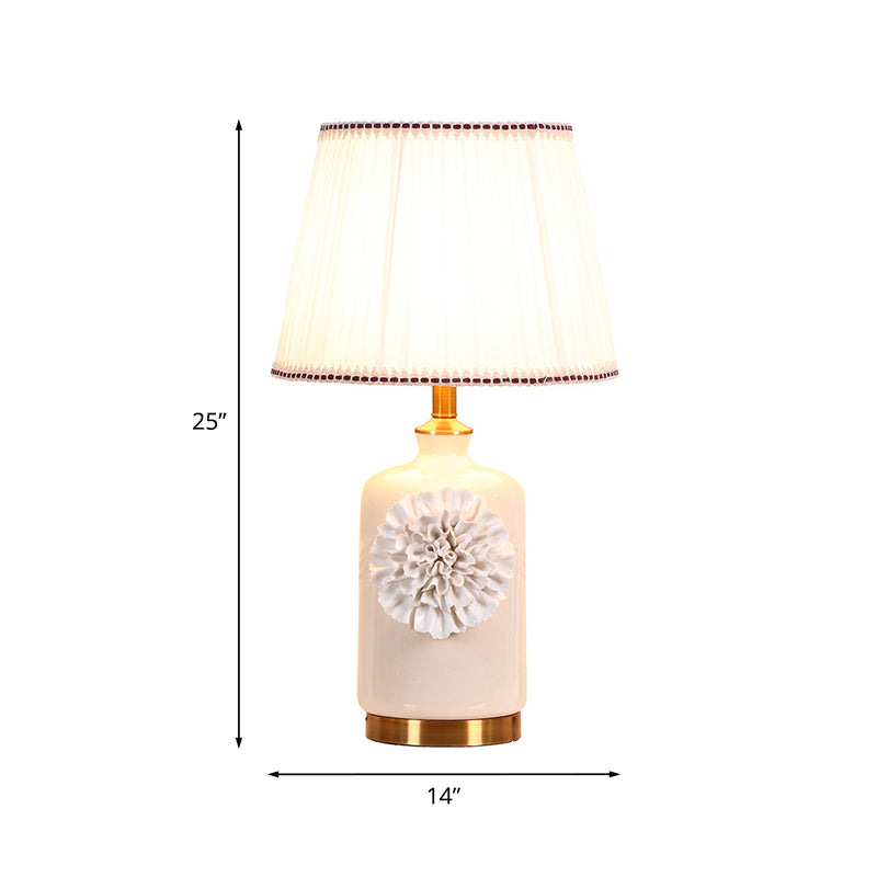 Modern Truncated Cone Shade Table Light 1 Head Pleated Fabric Nightstand Lamp with Flower Decor in White Clearhalo 'Lamps' 'Table Lamps' Lighting' 1136591