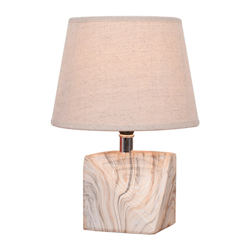 Tapered Fabric Table Lighting Rustic 1 Bulb Bedside Night Lamp with Wood Grain Block Base in White Clearhalo 'Lamps' 'Table Lamps' Lighting' 1136598
