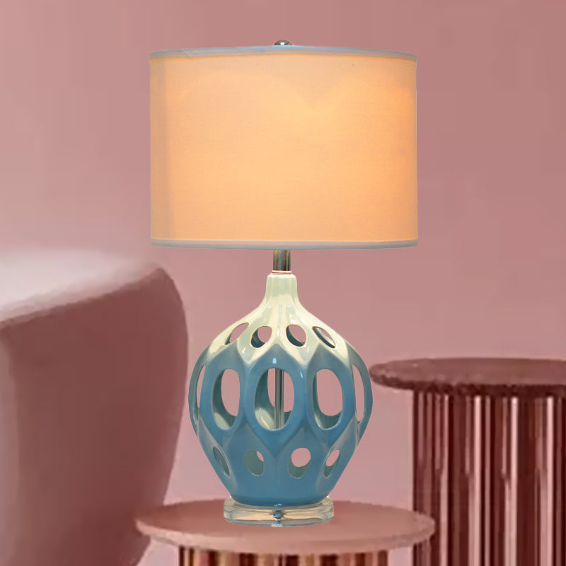 Blue Hollowed Out Night Light Traditional Ceramic Single Living Room Table Lamp with Cylindrical Fabric Shade Clearhalo 'Lamps' 'Table Lamps' Lighting' 1136601