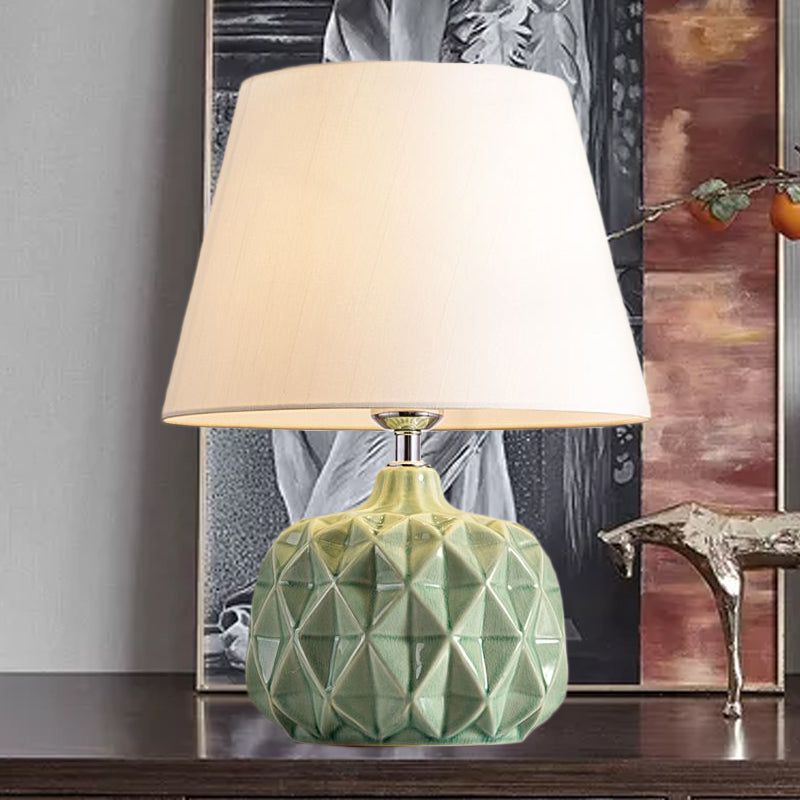 Trellis Ceramic Jar Shaped Night Lamp Rustic 1 Bulb Bedside Table Light in Green/White with Cone Shade Clearhalo 'Lamps' 'Table Lamps' Lighting' 1136615