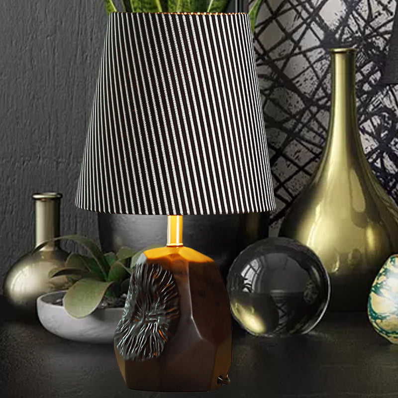 1-Light Ticking Stripe Fabric Table Lamp Modern Black Conical Kitchen Night Light with Hammered Base Clearhalo 'Lamps' 'Table Lamps' Lighting' 1136626