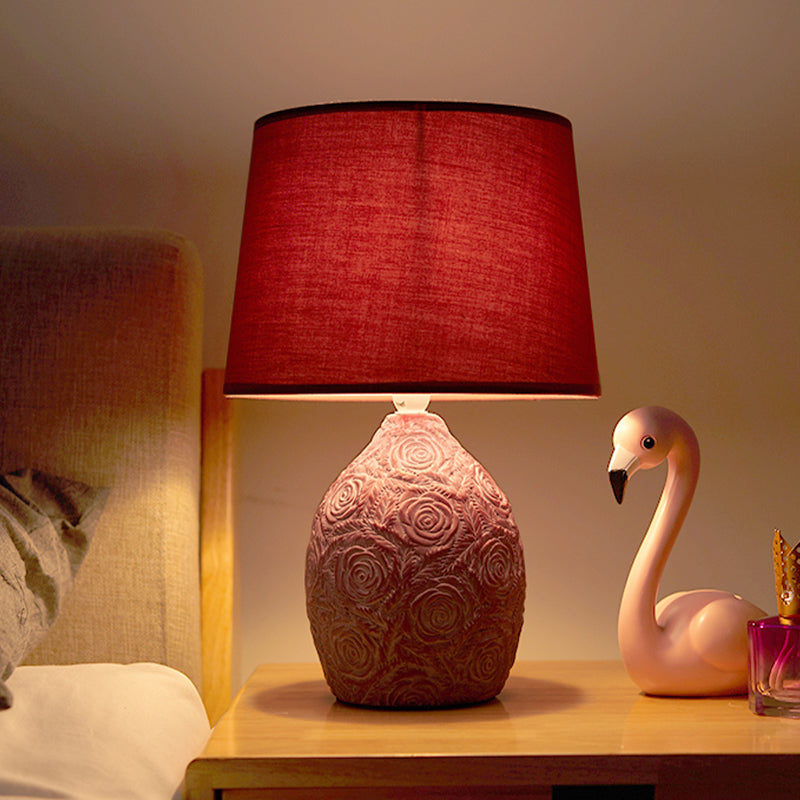 Rural Carved Rose Pot Night Lamp 1 Head Ceramic Table Light with Tapered Drum Shade in Purple and Red Purple-Red Clearhalo 'Lamps' 'Table Lamps' Lighting' 1136641