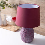 Rural Carved Rose Pot Night Lamp 1 Head Ceramic Table Light with Tapered Drum Shade in Purple and Red Clearhalo 'Lamps' 'Table Lamps' Lighting' 1136642