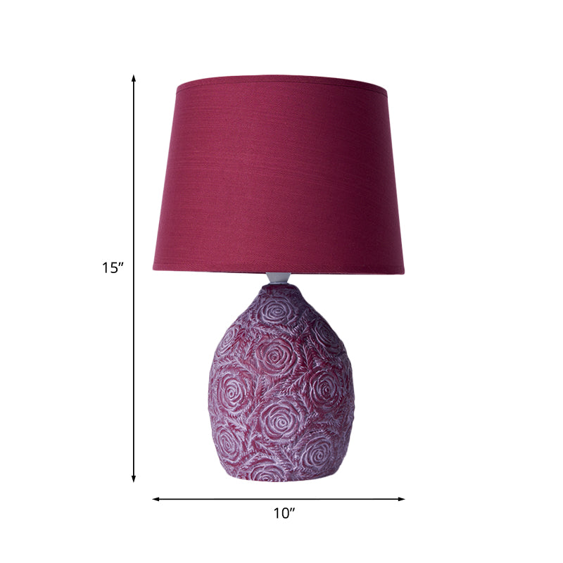Rural Carved Rose Pot Night Lamp 1 Head Ceramic Table Light with Tapered Drum Shade in Purple and Red Clearhalo 'Lamps' 'Table Lamps' Lighting' 1136644