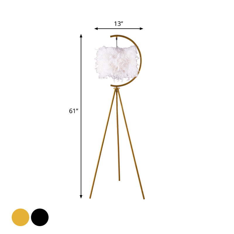 Drum Floor Standing Light with Feather Deco Contemporary Fabric Single Bedroom Tri-Leg Floor Lamp in Black/Gold Clearhalo 'Floor Lamps' 'Lamps' Lighting' 1136839