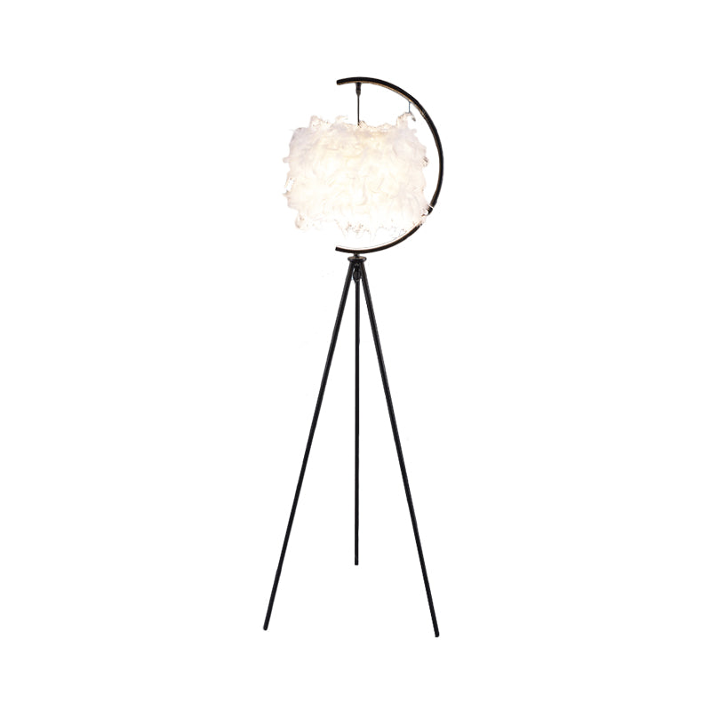 Drum Floor Standing Light with Feather Deco Contemporary Fabric Single Bedroom Tri-Leg Floor Lamp in Black/Gold Clearhalo 'Floor Lamps' 'Lamps' Lighting' 1136842