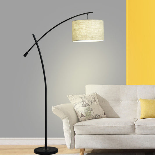 Modernism Drum Standing Floor Lamp Fabric 1 Head Living Room Floor Reading Lamp in Black/Gold/Black and White Black-White Clearhalo 'Floor Lamps' 'Lamps' Lighting' 1136848