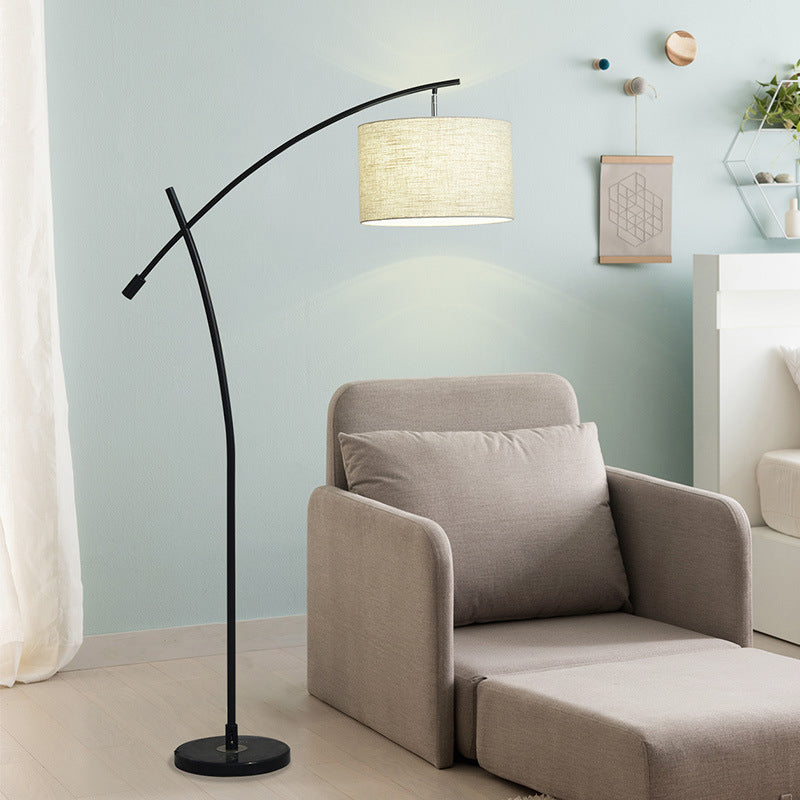 Modernism Drum Standing Floor Lamp Fabric 1 Head Living Room Floor Reading Lamp in Black/Gold/Black and White Clearhalo 'Floor Lamps' 'Lamps' Lighting' 1136849