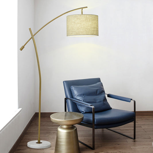 Modernism Drum Standing Floor Lamp Fabric 1 Head Living Room Floor Reading Lamp in Black/Gold/Black and White Gold Clearhalo 'Floor Lamps' 'Lamps' Lighting' 1136852