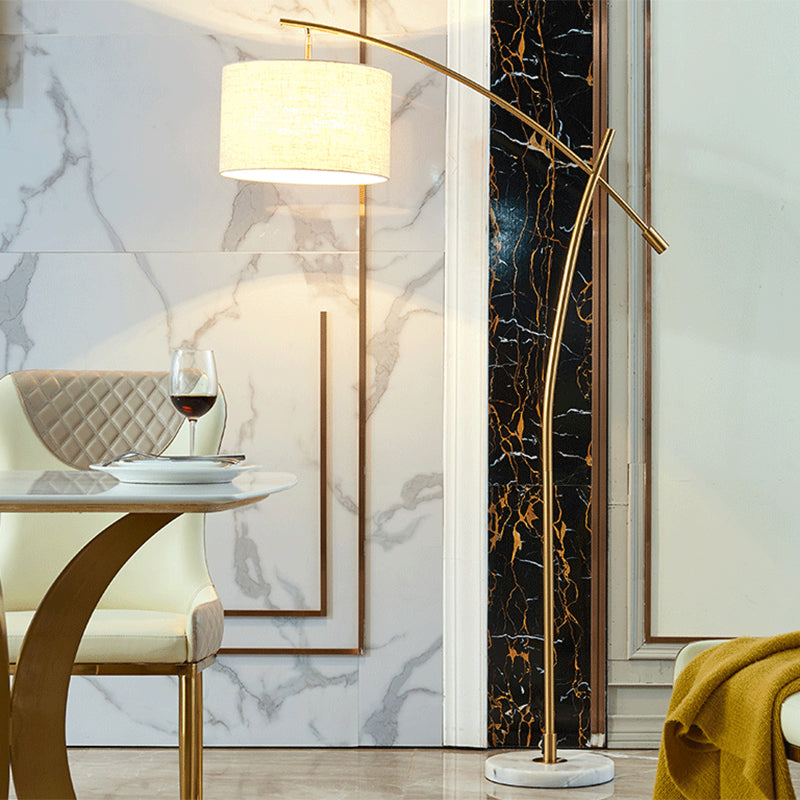 Modernism Drum Standing Floor Lamp Fabric 1 Head Living Room Floor Reading Lamp in Black/Gold/Black and White Clearhalo 'Floor Lamps' 'Lamps' Lighting' 1136853