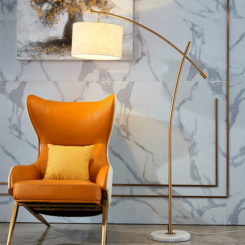 Modernism Drum Standing Floor Lamp Fabric 1 Head Living Room Floor Reading Lamp in Black/Gold/Black and White Clearhalo 'Floor Lamps' 'Lamps' Lighting' 1136854