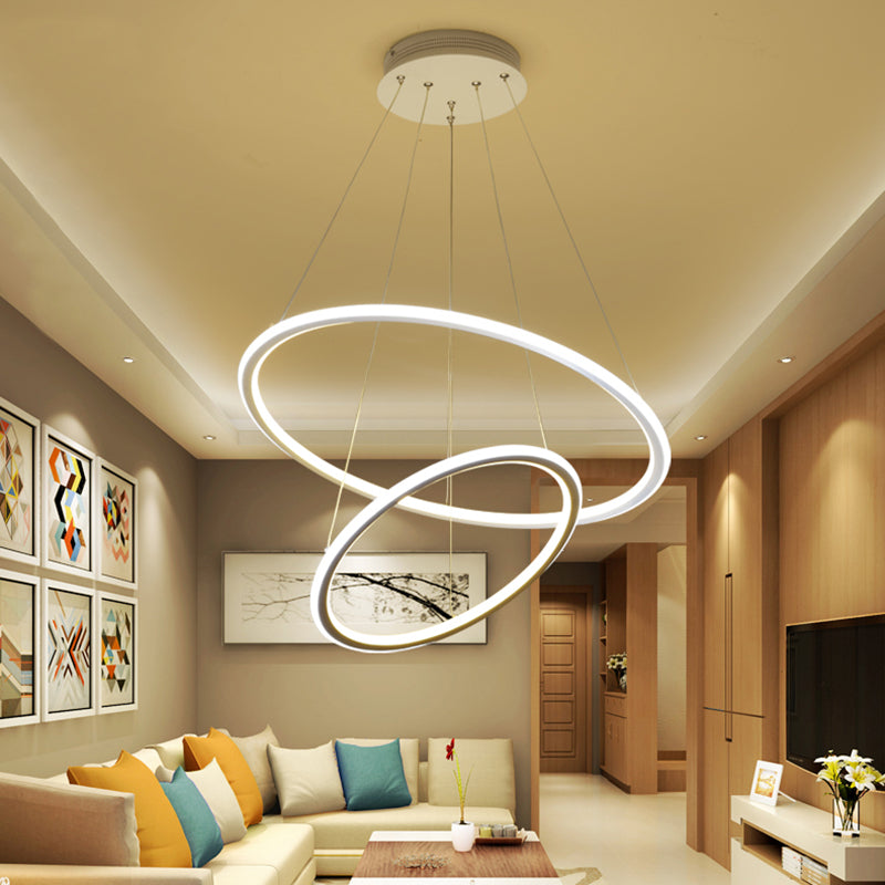 1/2/3 Lights Living Room Ceiling Pendant with Circle Acrylic Shade White Chandelier in Warm/White/Natural Light with Adjustable Cord Clearhalo 'Ceiling Lights' 'Chandeliers' 'Modern Chandeliers' 'Modern' Lighting' 114096