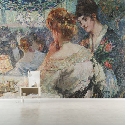 Vintage Al Teatro Wall Murals for Living Room Custom Size Wall Covering in Blue-White Blue-White Clearhalo 'Wall Decor' 'Wall Mural' 1150718