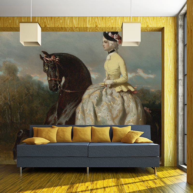 Woman on Prancing Horse Mural White and Brown Retro Style Wall Covering for Home Decor Clearhalo 'Wall Decor' 'Wall Mural' 1150854