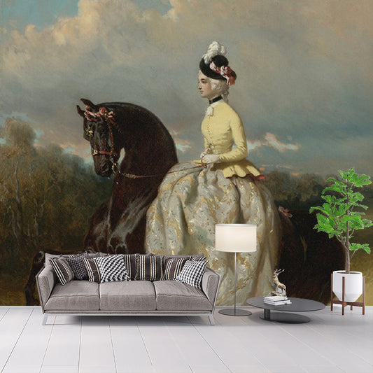 Woman on Prancing Horse Mural White and Brown Retro Style Wall Covering for Home Decor Clearhalo 'Wall Decor' 'Wall Mural' 1150855