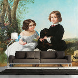 Classic Siblings Portrait Mural Wallpaper Blue-Brown Stain Resistant Wall Art for Nursery
