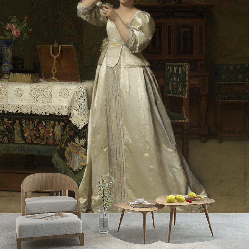 Custom Lady with Mirror Mural Antique Portrait Wall Decoration in White and Brown White-Brown Clearhalo 'Wall Decor' 'Wall Mural' 1151068