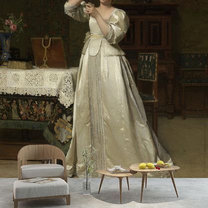 Custom Lady with Mirror Mural Antique Portrait Wall Decoration in White and Brown White-Brown Clearhalo 'Wall Decor' 'Wall Mural' 1151068