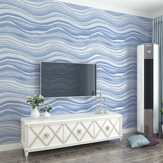 Soft Color Flock Textured Wallpaper Waves Unpasted Wall Art for Living Room Decoration Blue Clearhalo 'Modern wall decor' 'Modern' 'Wallpaper' Wall Decor' 1151248