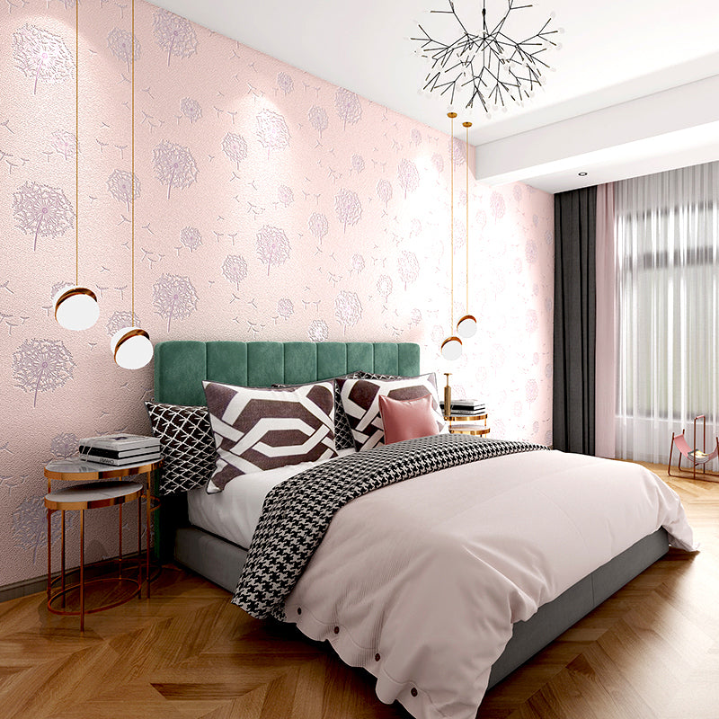 Wallpaper Dandelion Soft Color Rustic Flock Material Wall Covering for Bedroom Decor Purple-Pink Clearhalo 'Country wall decor' 'Rustic' 'Wallpaper' Wall Decor' 1151358