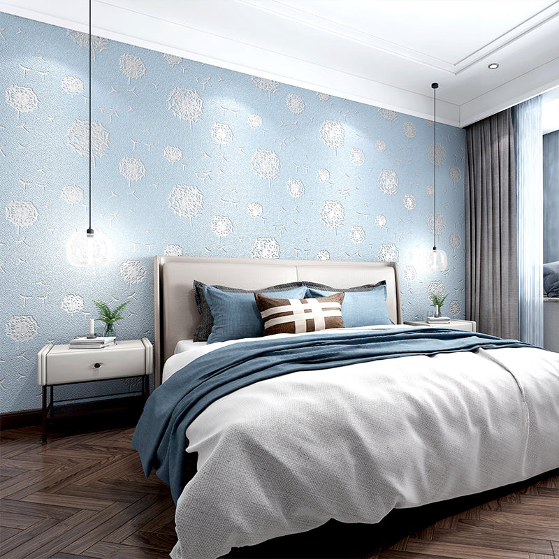 Wallpaper Dandelion Soft Color Rustic Flock Material Wall Covering for Bedroom Decor Sky Blue Clearhalo 'Country wall decor' 'Rustic' 'Wallpaper' Wall Decor' 1151362