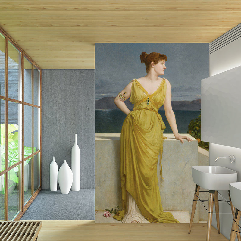 Giant Lady Wall Mural Decal in Yellow and Brown Non-Woven Fabric Wall Decor for Living Room, Made to Measure Yellow-Brown Clearhalo 'Wall Decor' 'Wall Mural' 1151396
