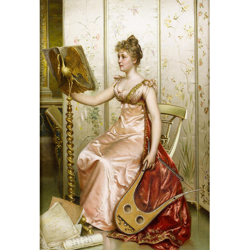 Full Size Fairy Lady Mural Wallpaper for Bedroom Music Instrument Wall Covering in Brown, Water-Resistant Clearhalo 'Wall Decor' 'Wall Mural' 1151424